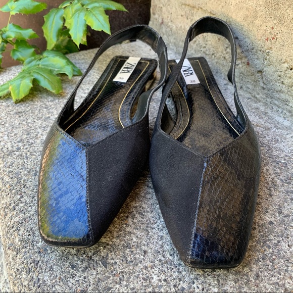Zara Black Dual Textured Square Toe Sandals | 38